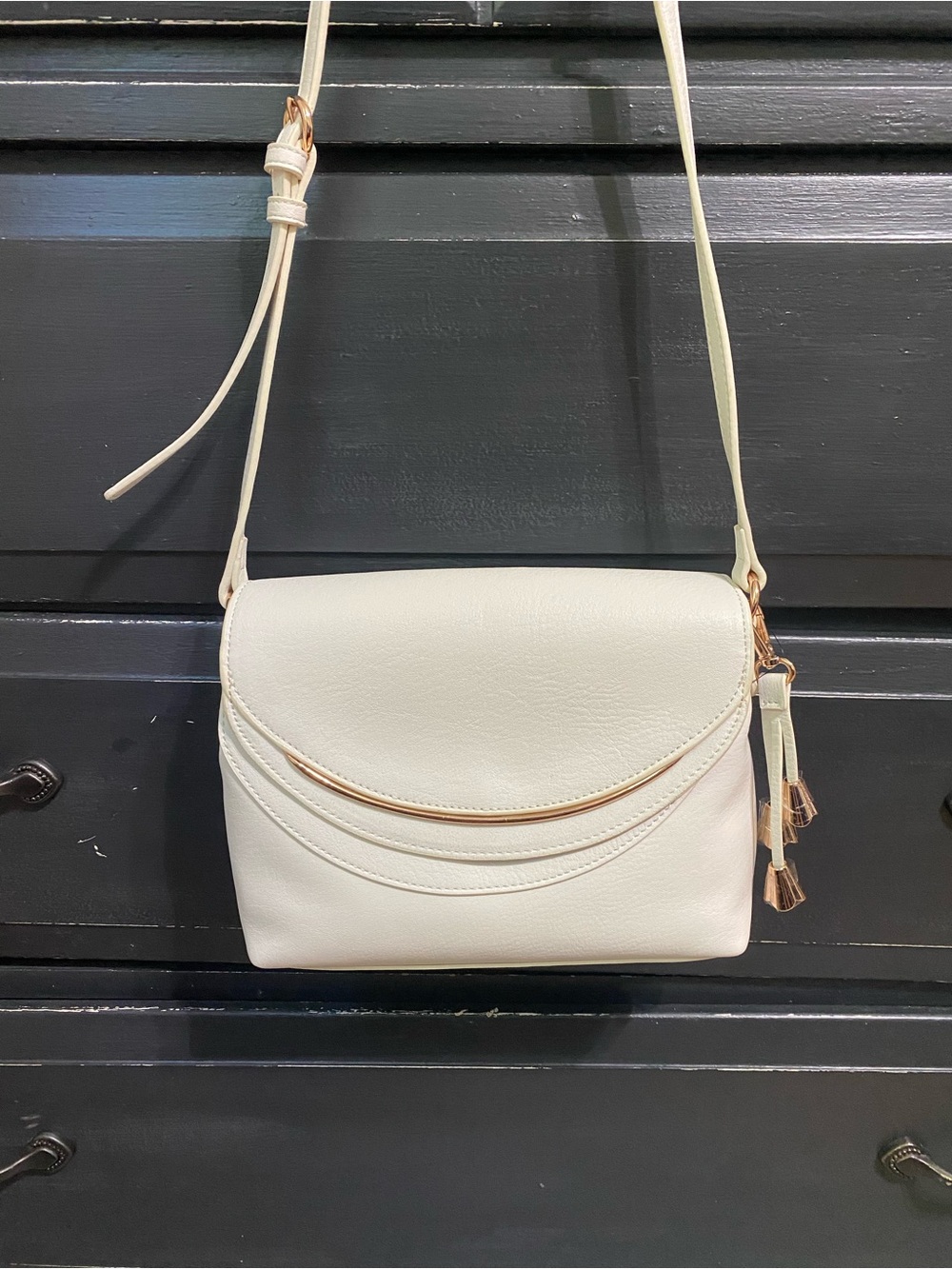 LC Lauren Conrad Cream Crossbody Bag with Tassel and Gold Accents